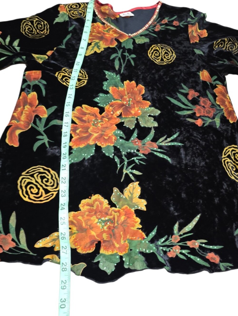 Zhen Cai Silk Velvet Burnout Floral Tunic Top Sz L Beaded Boho Artsy 3/4 Sleeves - Picture 8 of 10